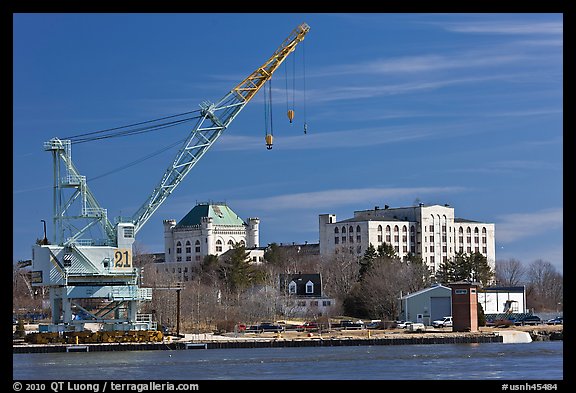 Crane and former prison called The Castle. Portsmouth, New Hampshire, USA