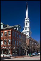 Street and white steepled church. Portsmouth, New Hampshire, USA (color)