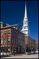 Street and white steepled church. Portsmouth, New Hampshire, USA