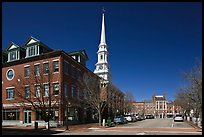 Downtown view with street and church. Portsmouth, New Hampshire, USA