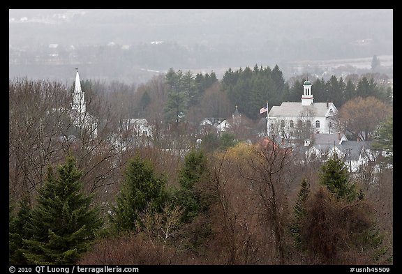 View from above with church and town hall. Walpole, New Hampshire, USA (color)