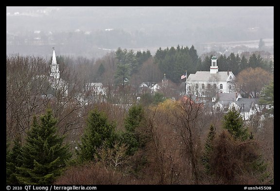 View from above with church and town hall. Walpole, New Hampshire, USA