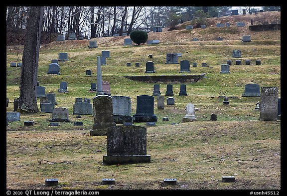 Headstones of different sizes in cemetery. Walpole, New Hampshire, USA (color)