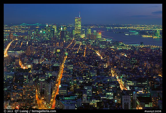 Manhattan night view with Twin Towers. NYC, New York, USA (color)