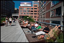 People sunning themselves on the High Line. NYC, New York, USA (color)