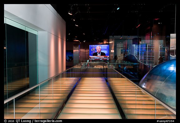 Corridor and TV screen, Bloomberg building. NYC, New York, USA (color)
