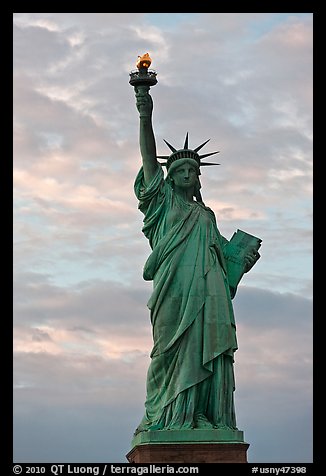 Statue of Liberty with lit torch, Statue of Liberty National Monument. NYC, New York, USA