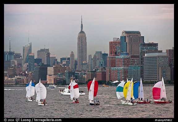 Sailboats and Manhattan skyline, New York Harbor. NYC, New York, USA