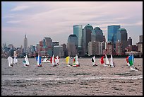 Sailboats, lower and mid Manhattan skyline. NYC, New York, USA