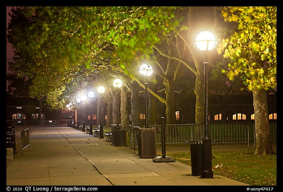 Row of lights by night, Ellis Island. NYC, New York, USA (color)