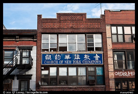 Facades, church of New York Chinatown. NYC, New York, USA (color)