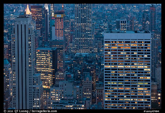 Mid-town towers at dusk from above. NYC, New York, USA (color)