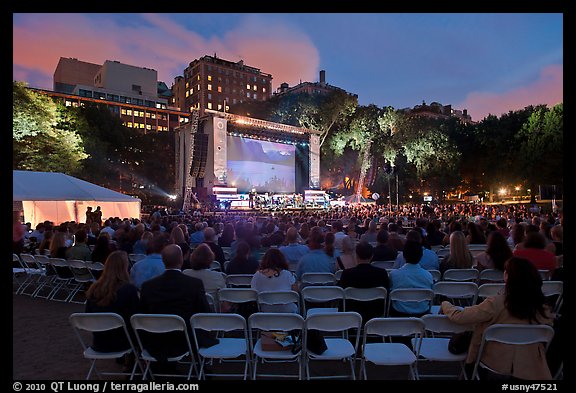 Central Park outdoor event celebrating Ken Burns National Parks series, QTL photo on screen. NYC, New York, USA