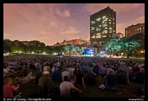 Crowd sitting on lawn during evening outdoor concert, Central Park. NYC, New York, USA