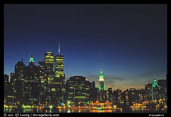 South Manhattan and World Trade Center from Brooklyn, dusk. NYC, New York, USA (color)