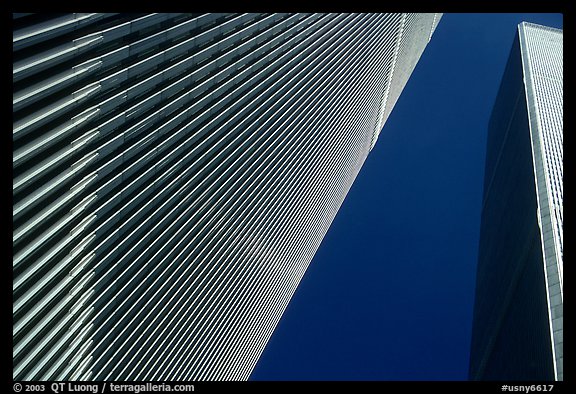 World Trade Center Twin Towers seen from the base plaza. NYC, New York, USA (color)