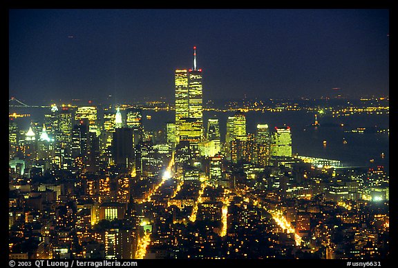 Lower Manhattan seen from the Empire State Building at night. NYC, New York, USA (color)