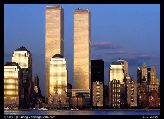 World Trade Center Twin Towers from Exchange Place, evening. NYC, New York, USA