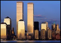 World Trade Center Twin Towers from Exchange Place, evening. NYC, New York, USA