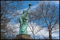 Statue of Liberty from the back between trees, Statue of Liberty National Monument. NYC, New York, USA ( color)