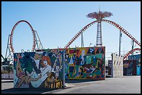 Murals and roller coaster, Coney Island. New York, USA ( color)