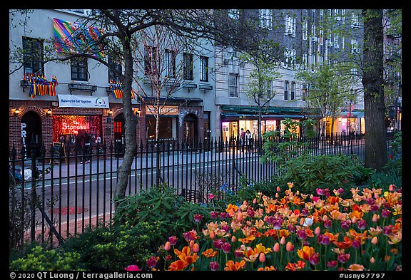 Christopher Park and Stonewall Inn across Christopher Street, Stonewall National Monument. NYC, New York, USA (color)