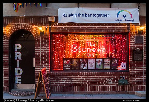 Stonewall Inn facade at dusk, Stonewall National Monument. NYC, New York, USA (color)