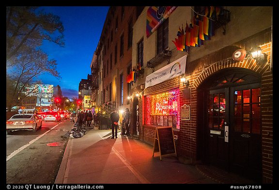 Christopher Street and Stonewall Inn at night, Stonewall National Monument. NYC, New York, USA (color)
