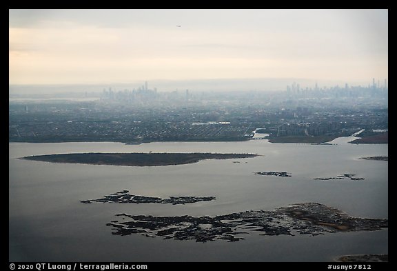 Aerial view of Jamaica Bay, Brooklyn, and Manhatta skyline. NYC, New York, USA (color)