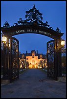 Entrance gate and Salve Regina University at night. Newport, Rhode Island, USA