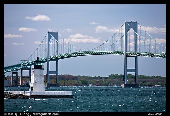 Newport Harbor lighthouse, Newport Bridge, and Narragansett Bay. Newport, Rhode Island, USA (color)