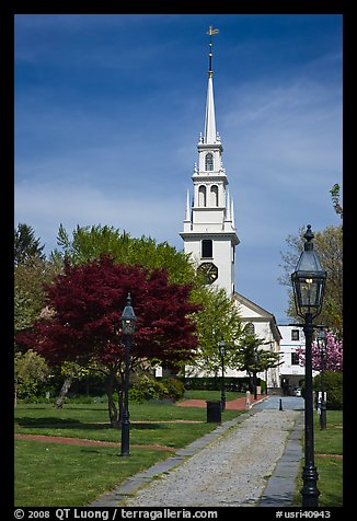 Park and white-steepled church. Newport, Rhode Island, USA