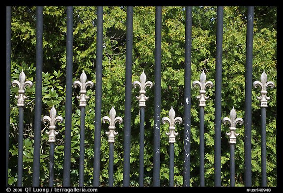 Fence with the French Fleur de Lys royalty emblem. Newport, Rhode Island, USA (color)