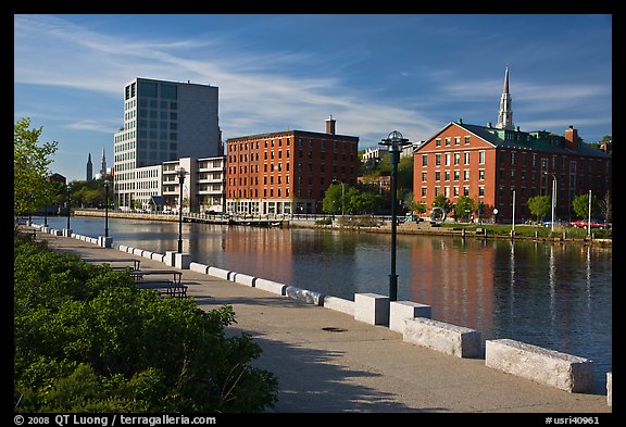 Brick buildings reflected in Seekonk river, late afternoon. Providence, Rhode Island, USA (color)