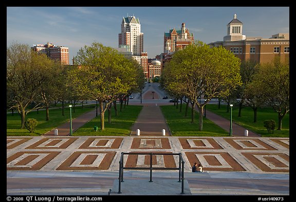 Gardens of State House with couple sitting on stairs. Providence, Rhode Island, USA (color)
