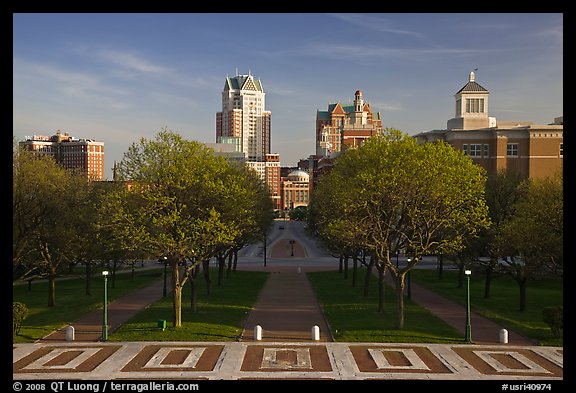 Gardens of State House and downtown high-rise buildings. Providence, Rhode Island, USA (color)