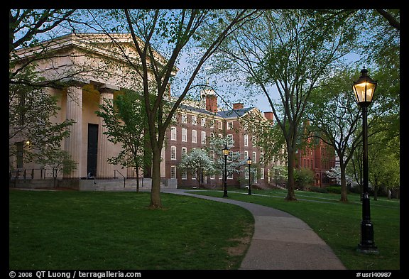 Manning Hall, University Hall, and Slater Hall  at dusk. Providence, Rhode Island, USA (color)