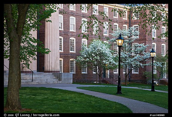 Columns, brick buildings, flowering dogwoods, and gas lamps, Brown University. Providence, Rhode Island, USA
