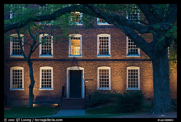 Tree and brick building at dusk, Brown University. Providence, Rhode Island, USA (color)