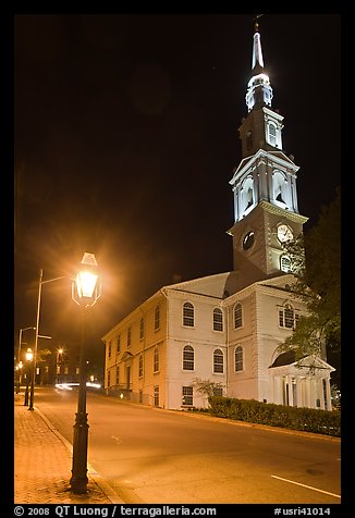 White-steppled Church and lamp at night. Providence, Rhode Island, USA