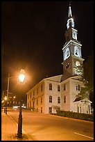 White-steppled Church and lamp at night. Providence, Rhode Island, USA (color)