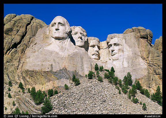 Monumental sculpture of US presidents carved in clif, Mount Rushmore National Memorial. South Dakota, USA (color)