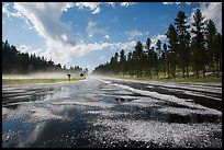 Highway with hail, Black Hills National Forest. Black Hills, South Dakota, USA (color)