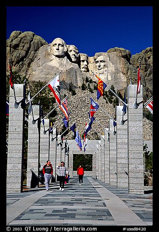 Alley of the Flags, with flags from each of the 50 US states, Mount Rushmore National Memorial. South Dakota, USA (color)