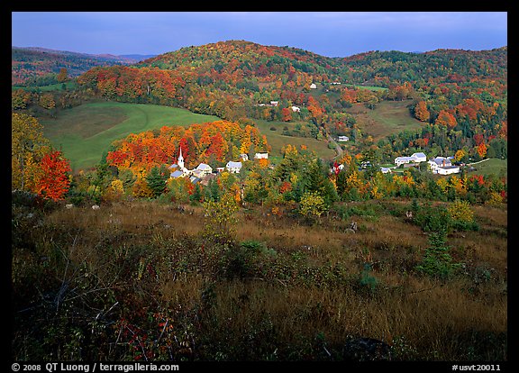 Village of East Corinth surrounded by fall colors, early morning. Vermont, New England, USA