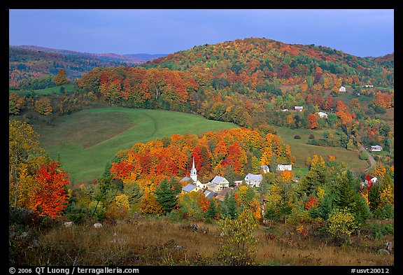 Village of East Corinth surrounded by fall colors, early morning. USA (color)