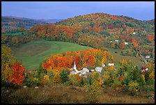 Village of East Corinth surrounded by fall colors, early morning. Vermont, New England, USA (color)