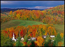 East Corinth village amongst trees in autumn color. Vermont, New England, USA