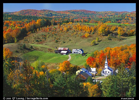 Church and farm in fall, East Corinth. Vermont, New England, USA (color)