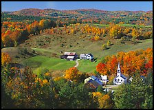 Church and farm in fall, East Corinth. Vermont, New England, USA (color)